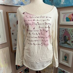 DKNY Jeans Script Graphic Ruched Long Sleeve Top Y2K Cream Size‎ XL